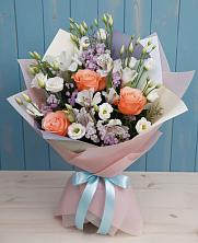 Букет цветов из:  Лизиантусы, Розы, Альстромерии и Гипсофила в Рождествено Самарской области